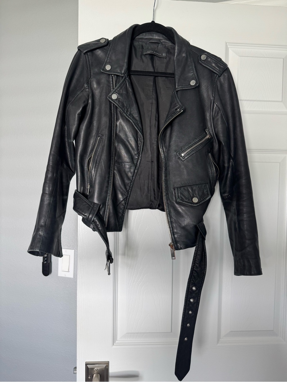 Zara Black Leather Moto Jacket with Belted Waist